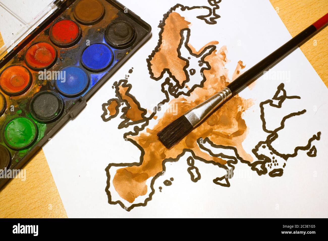 Map of Europe colored by paintbrush with brown color - Browning of Europe - rise of far-right and nationalism in European states Stock Photo