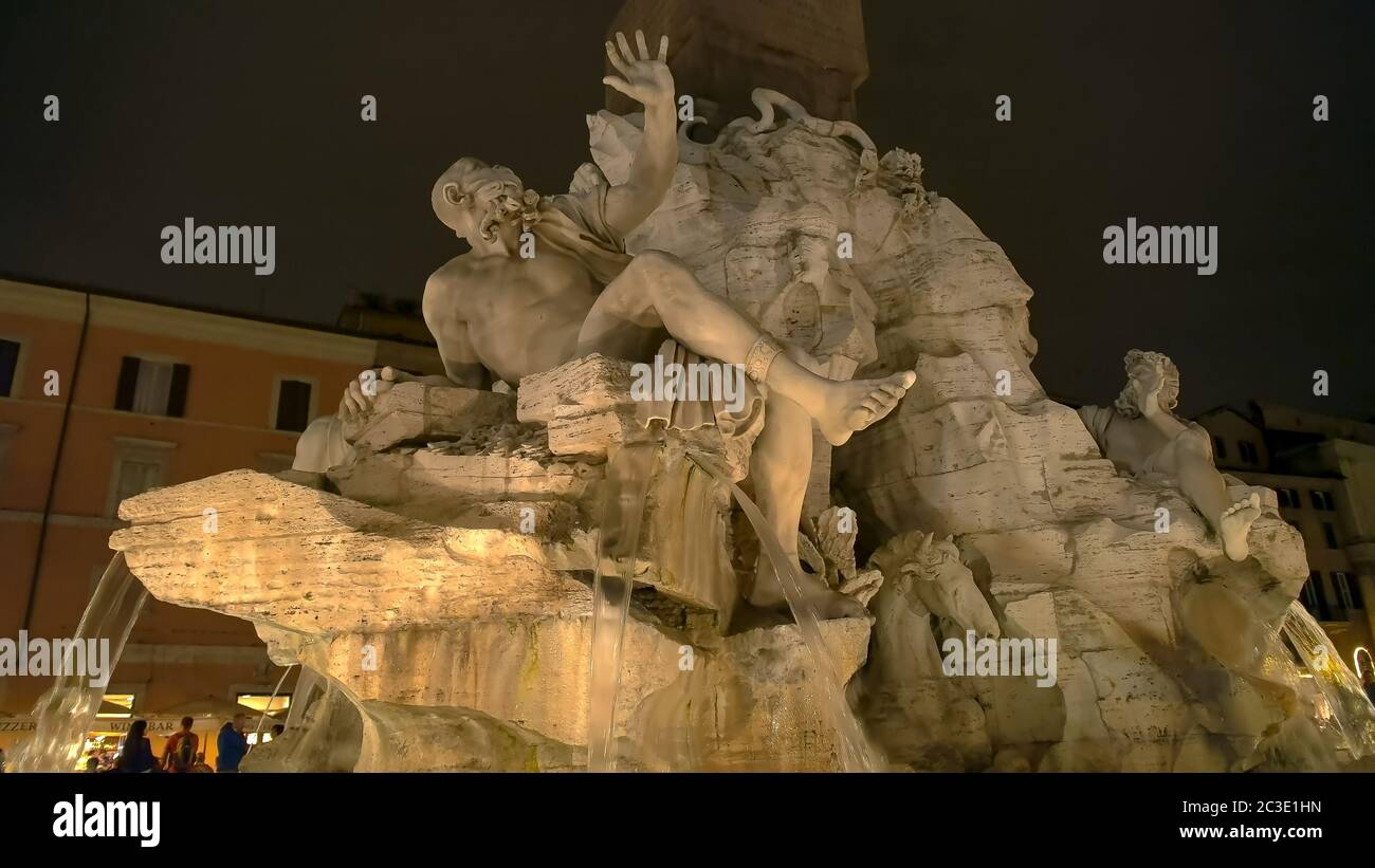 night close up of the fountain of the four rivers in piazza navona in rome Stock Photo