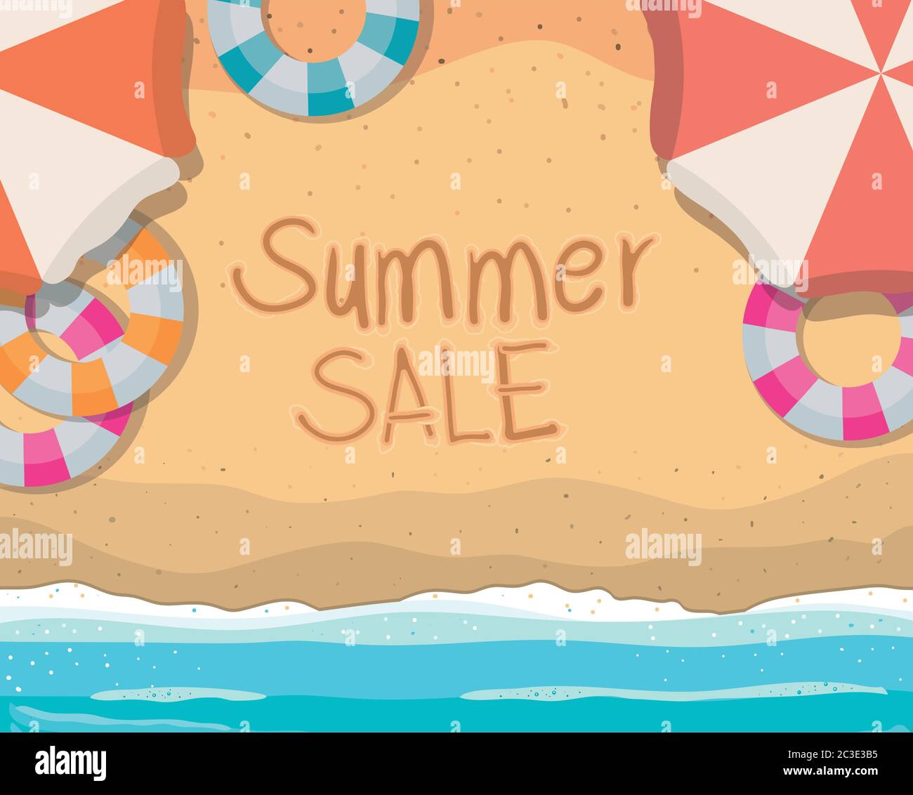 beach with summer sale floats and umbrellas text top view design ...