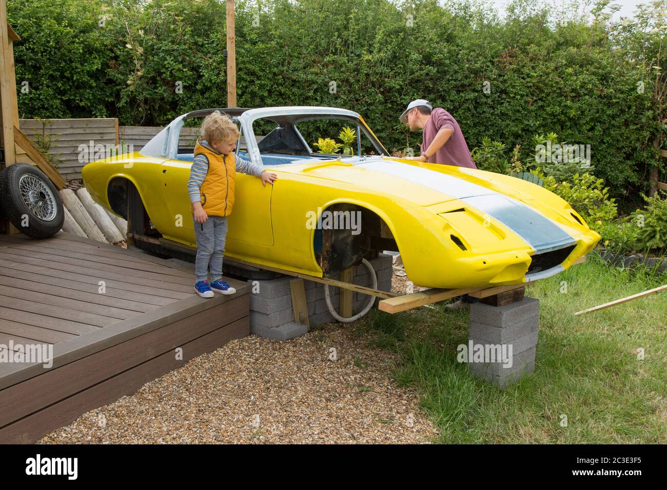 Lotus Elan +2 classic car custom hot tub under construction. Medstead, Alton, Hampshire England, United Kingdom. Stock Photo