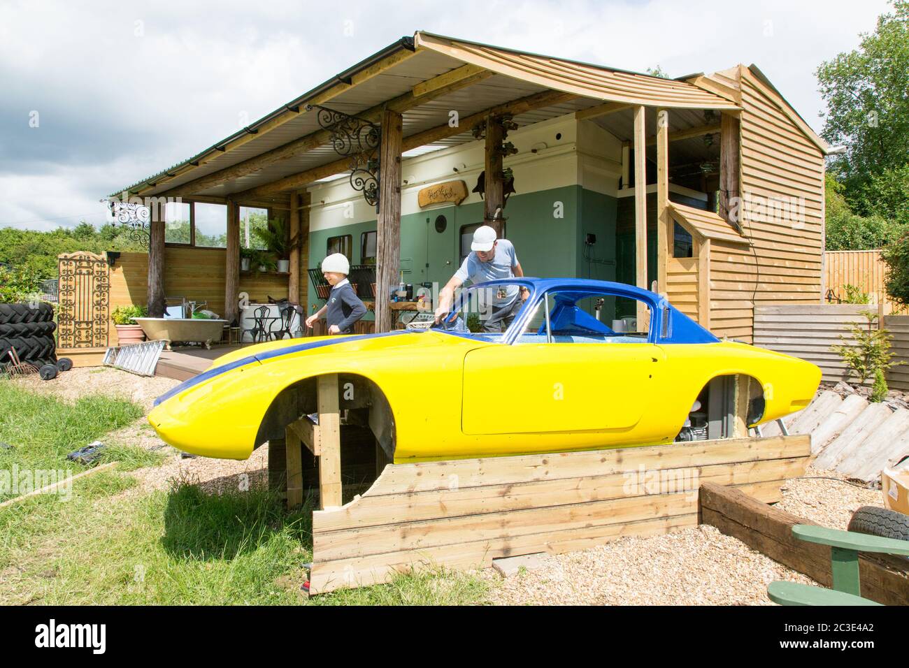 Lotus Elan +2 classic car custom hot tub under construction. Medstead
