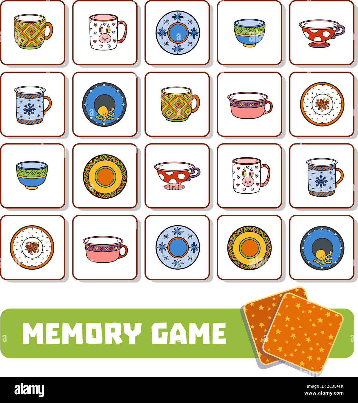 Memory game for preschool children, vector cards with plates and mugs