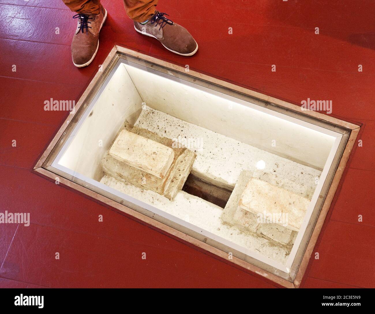 The pipes in the floor prevent the water from overflowing from the mikveh, Jewish school Petershagen Stock Photo