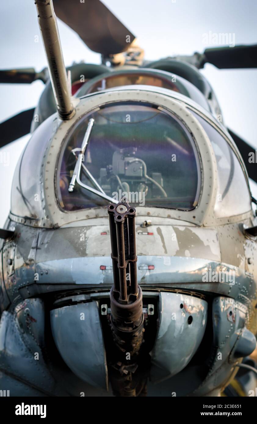 cockpit of russian army military helicopter close up Stock Photo