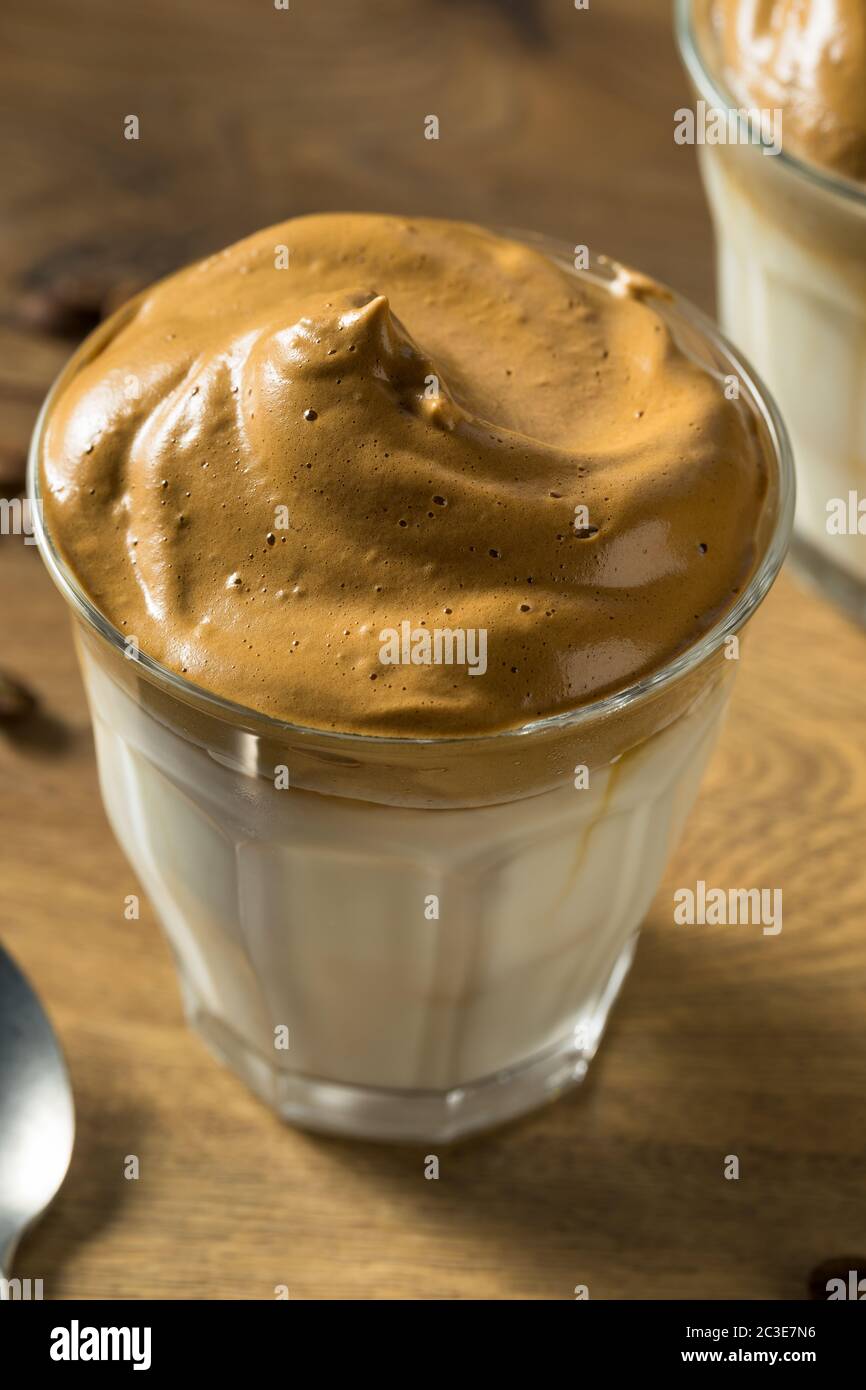 Homemade Whipped Dalgona Coffee with Iced Milk Stock Photo