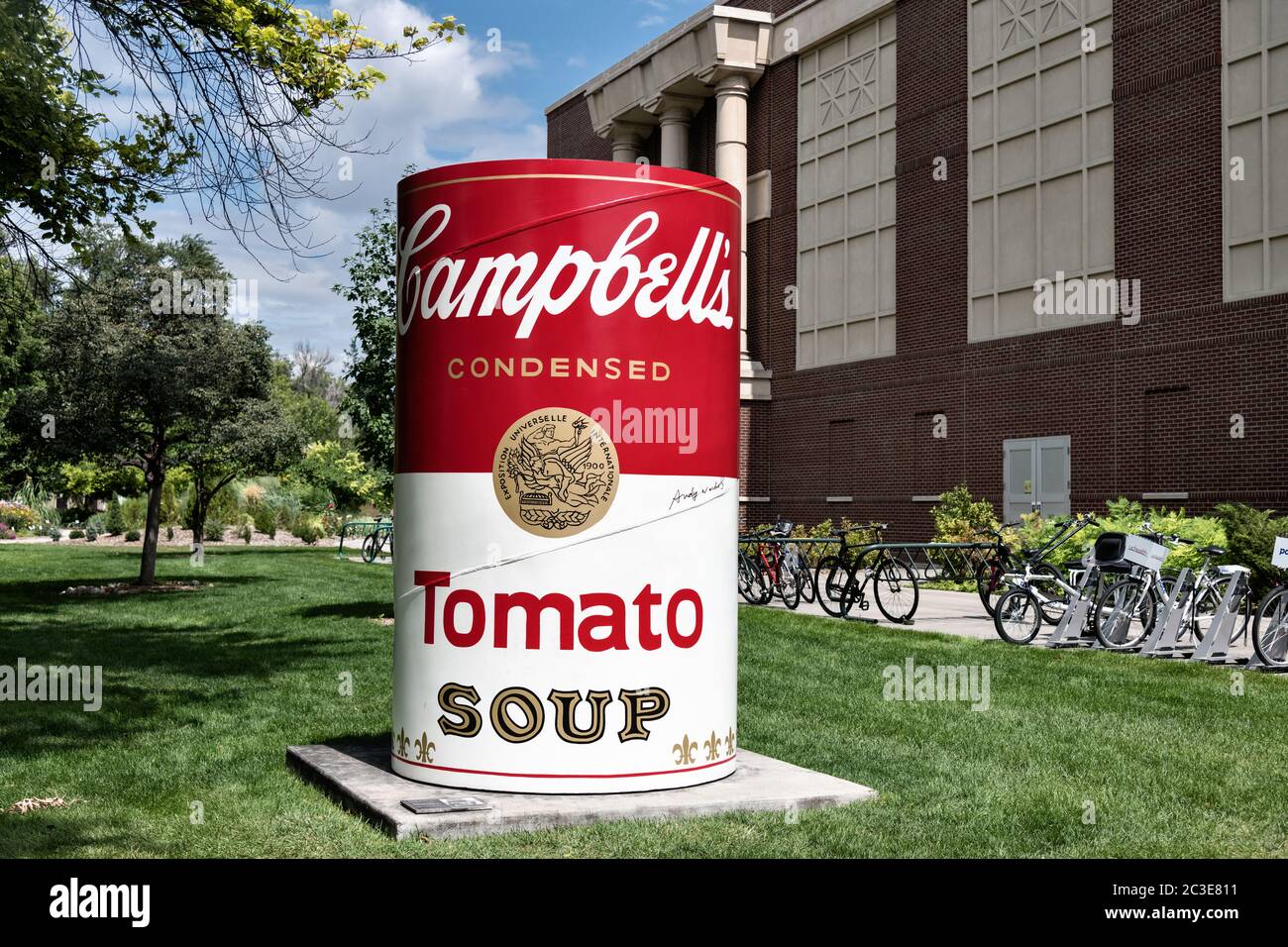 A giant Campbell Tomato Soup can sculpture by Andy Warhol on display at Colorado State University in Fort Collins, Colorado. Stock Photo