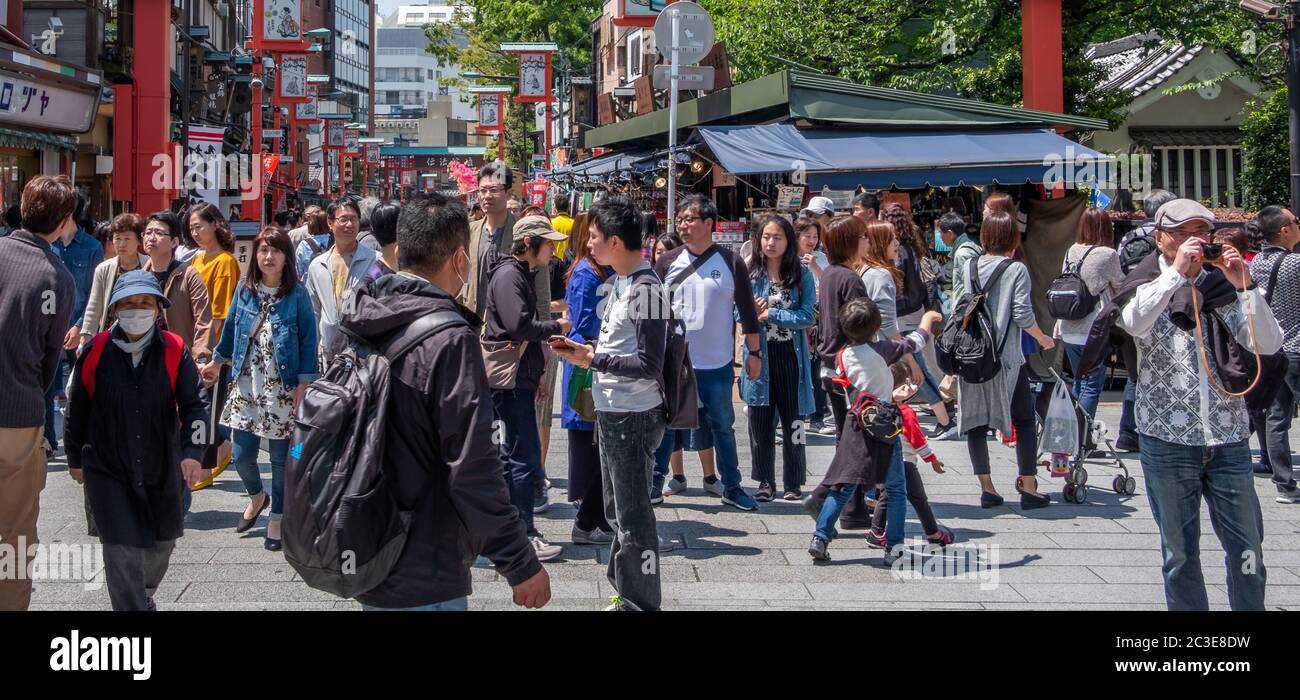 Tourists crowd at Asakusa Street, Tokyo, Japan Stock Photo