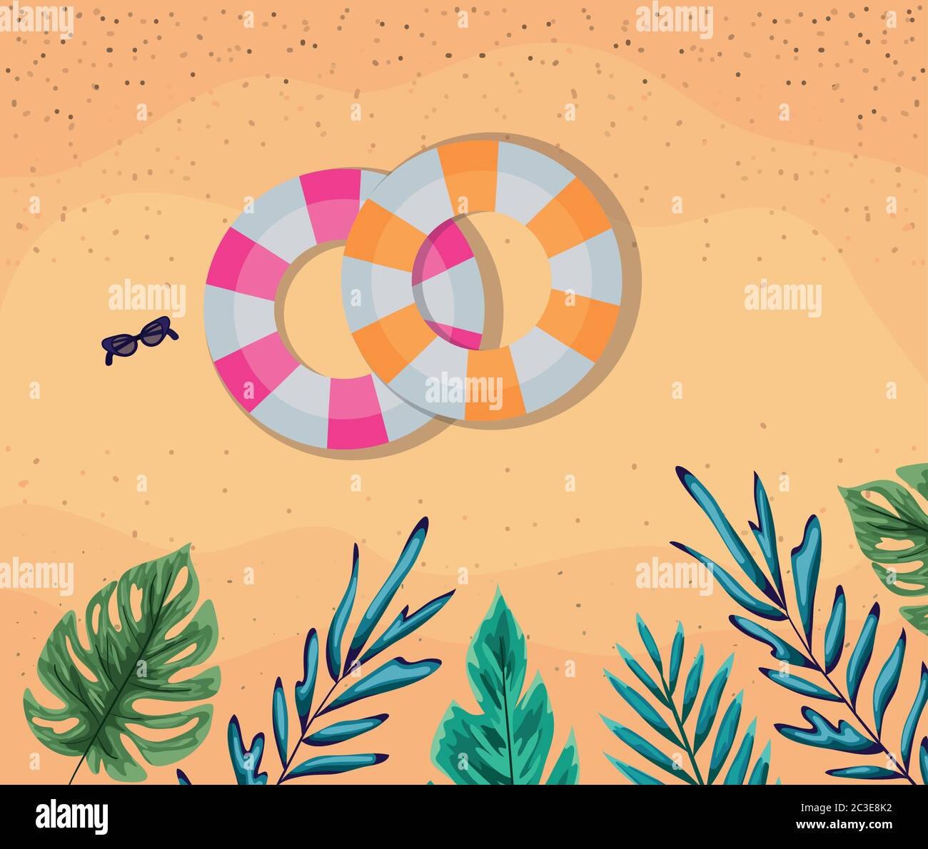 beach with leaves and floats top view design, Summer vacation and ...
