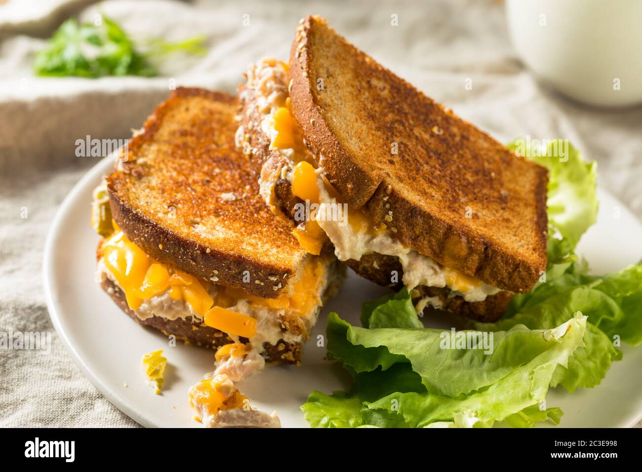 Homemade Toasted Tuna Melt Sandwich with Cheese Stock Photo