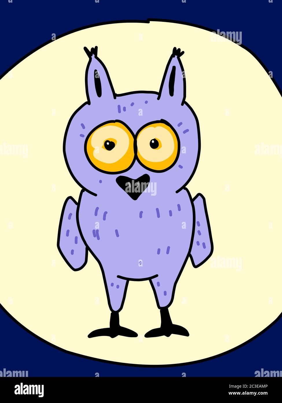 Funny comic character little owl full moon Stock Photo