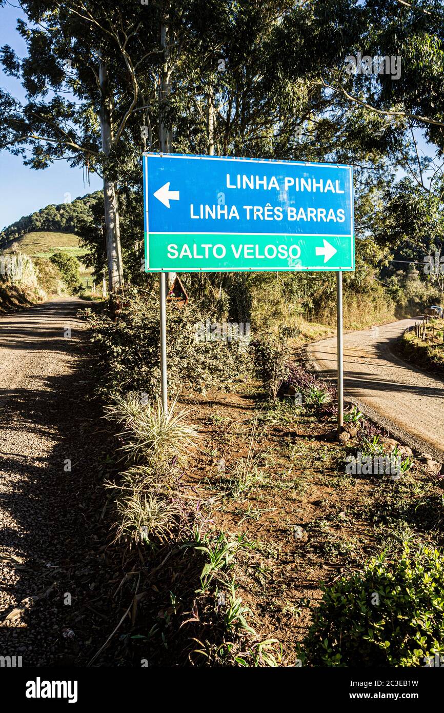 Road sign in countryside of Santa Catarina state. Treze Tilias, Santa Catarina, Brazil. Stock Photo