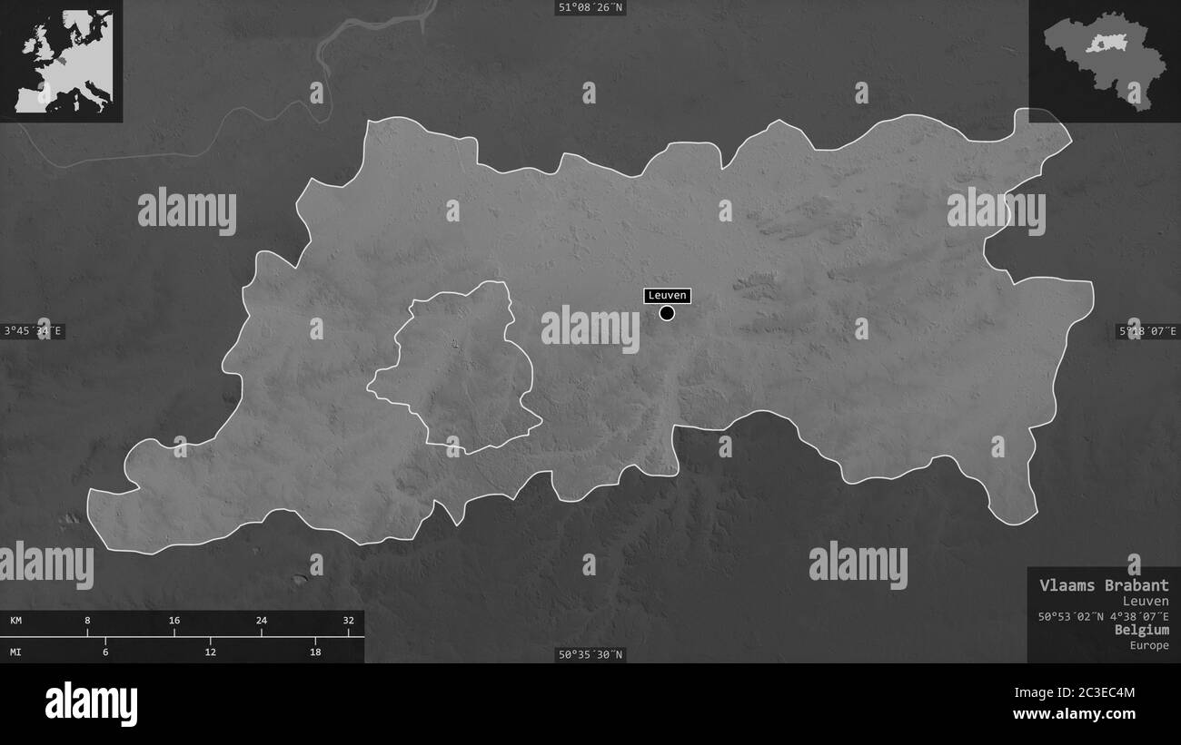 Vlaams Brabant, province of Belgium. Grayscaled map with lakes and ...