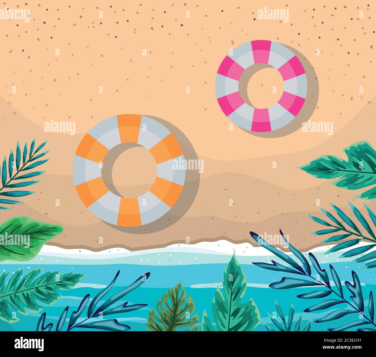 beach with leaves and floats top view design, Summer vacation and ...