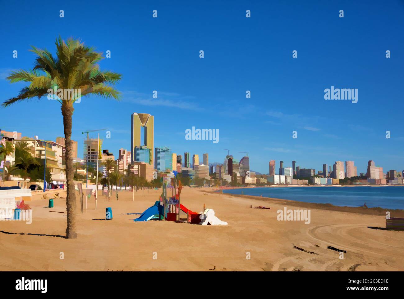 Benidorm beach Spain Poniente playa with palm trees on Costa Blanca illustration Stock Photo
