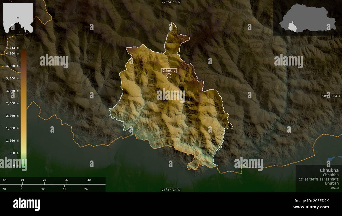 Bhutan map zoom border physical - Chhukha District Of Bhutan Colored Shader Data With Lakes And Rivers Shape Presented Against Its Country Area With Informative Overlays 3d Renderi 2C3ED9K