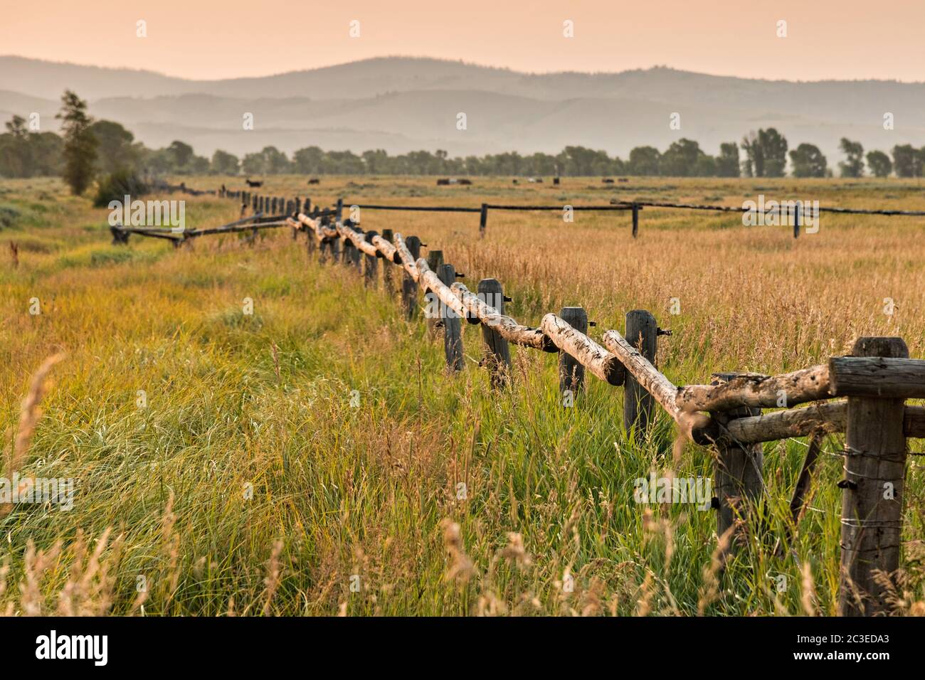 A split rail fence at the T.A Moulton barn in the Mormon Row Historic District along Antelope Flats at Grand Teton National Park, Wyoming. Stock Photo