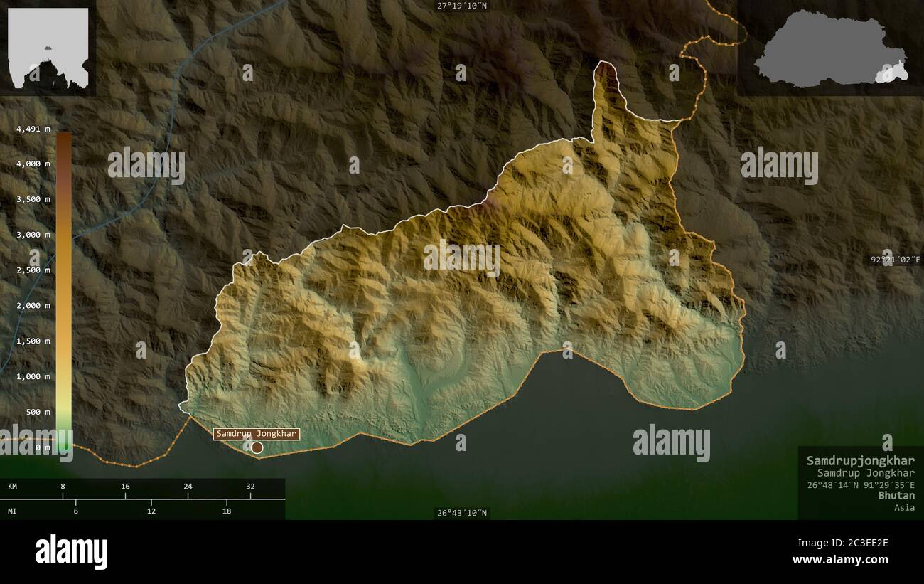 Bhutan map zoom border physical - Samdrupjongkhar District Of Bhutan Colored Shader Data With Lakes And Rivers Shape Presented Against Its Country Area With Informative Overlays 3d 2C3EE2E