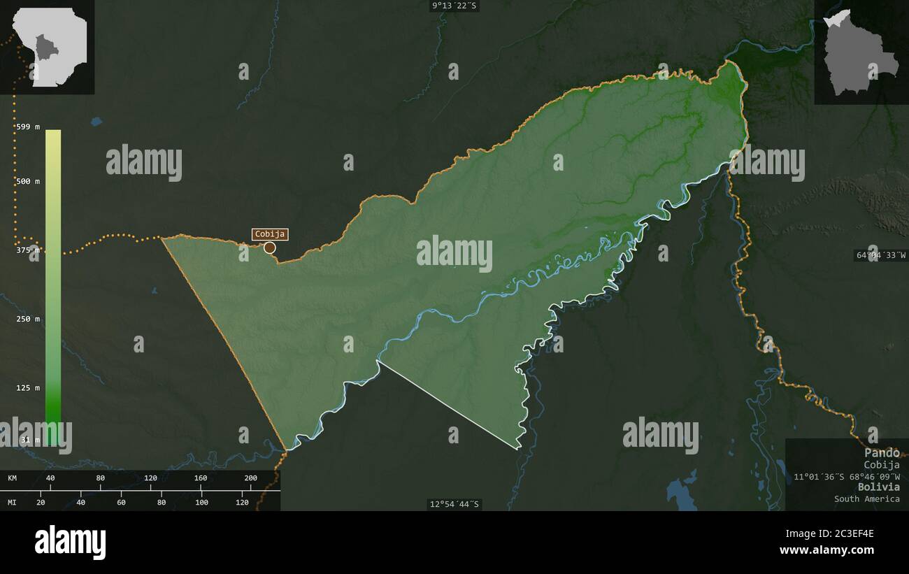 Pando Area Pando, department of Bolivia. Colored shader data with lakes and rivers ...