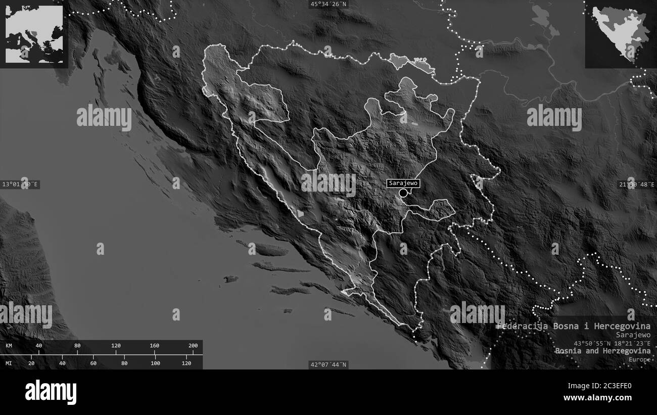 Federacija Bosna i Hercegovina, entity of Bosnia and Herzegovina. Grayscaled map with lakes and rivers. Shape presented against its country area with Stock Photo