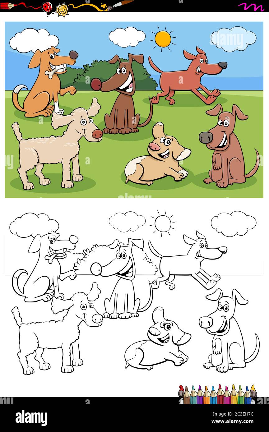 dogs and puppies characters group coloring book page Stock Photo - Alamy