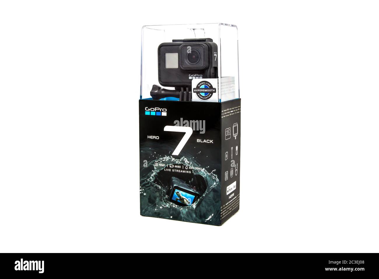 Moscow. November 2018. GoPro HERO 7 Black New in original packaging. The  action camera with new feature fuctions hypersmooth, Live stream, TimeWarp  and SuperPhoto Stock Photo - Alamy
