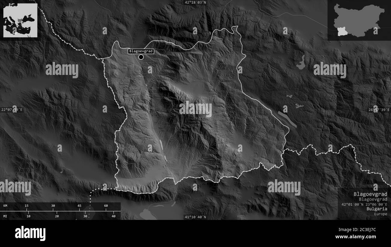 Blagoevgrad, province of Bulgaria. Grayscaled map with lakes and rivers ...
