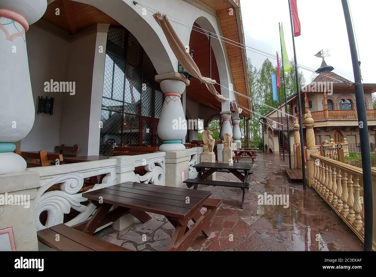 Ryazan, Russia - April 14, 2019: Restaurant of Ethnic hotel 'Как v staroy skazke' in Russian style. Hotel 'Like an old fairy tale.' Made in the ethnic Russian style and located in the forest. Stock Photo