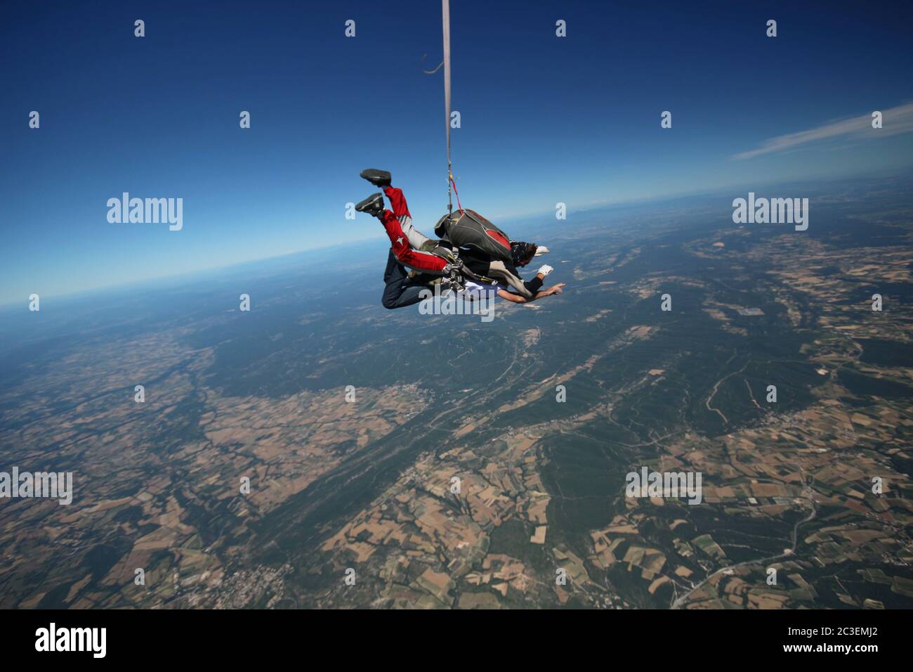 tandem parachute jump above the gard Stock Photo