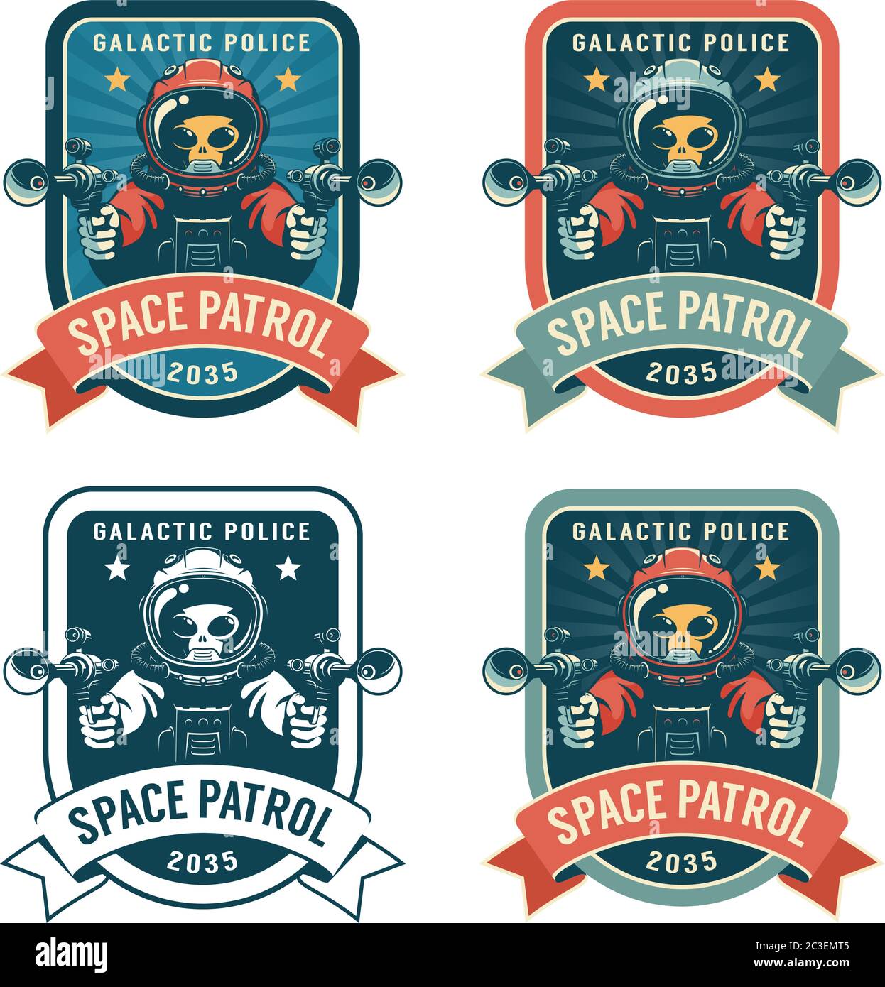Alien with blaster - space retro badge Stock Vector