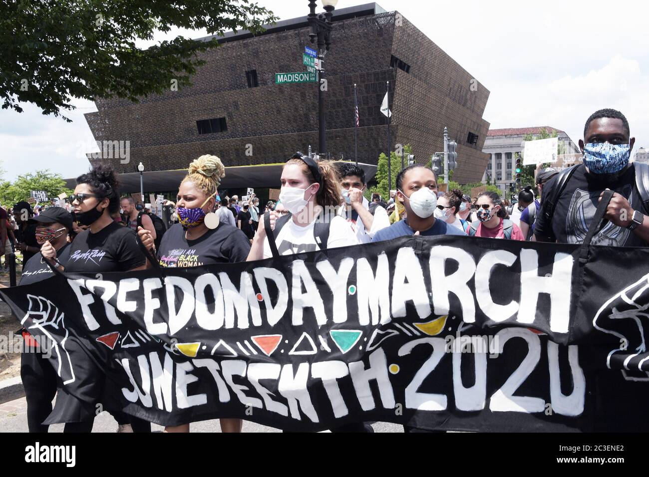 Washington, USA. 19th June, 2020. Protesters from Freedom Day March's movement march from The National Museum of African American History & Culture to Martin Luther King memorial and pay honor during a rally about Juneteenth 2020 today on June 19, 2020 in Washington DC, USA. (Photo by Lenin Nolly/Sipa USA) Credit: Sipa USA/Alamy Live News Stock Photo