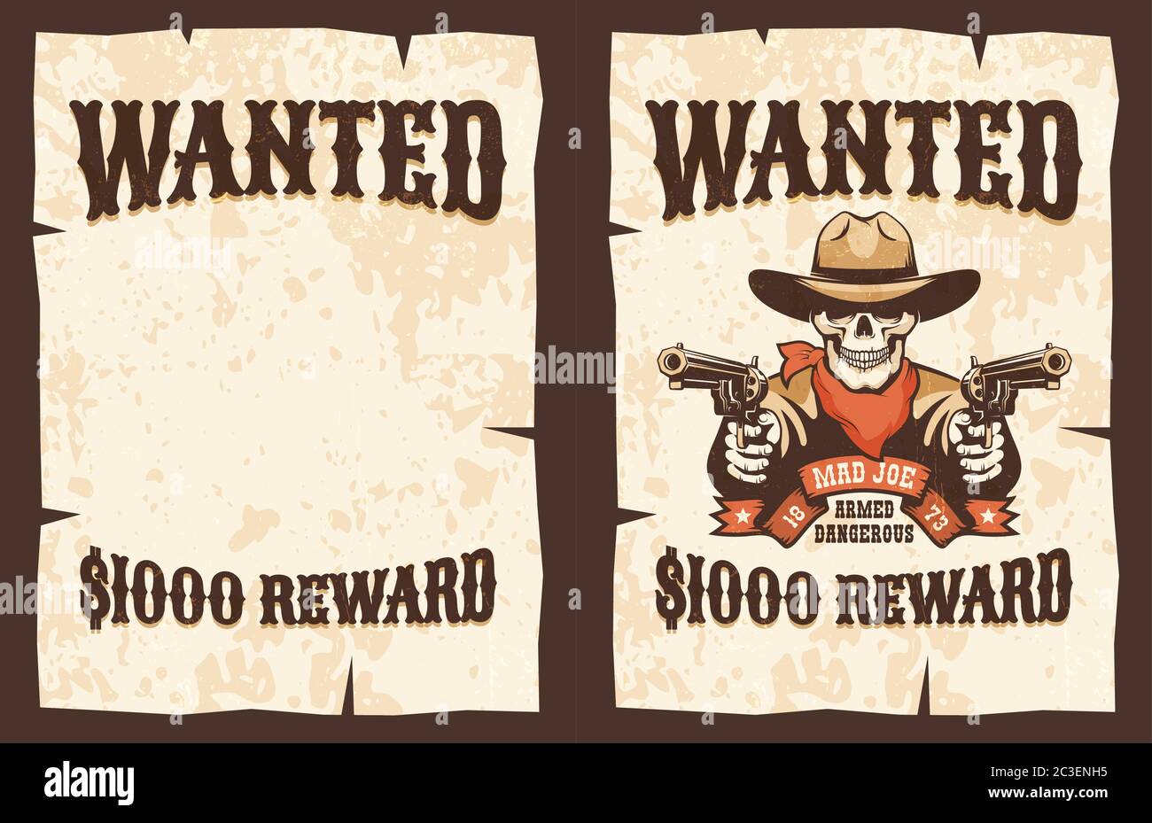Wanted vintage poster - skull cowboy with guns Stock Vector