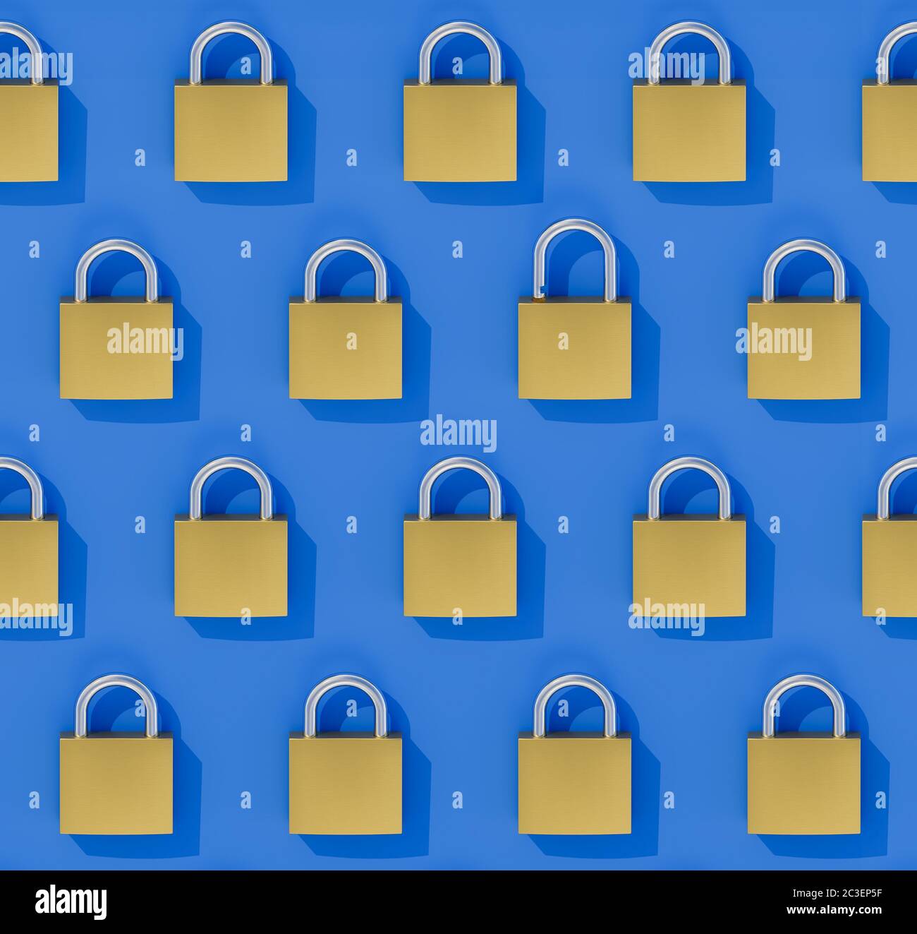 Concept Data Security Breach: A seamlessly tileable image of an array of closed padlocks with one slightly open padlock. Stock Photo