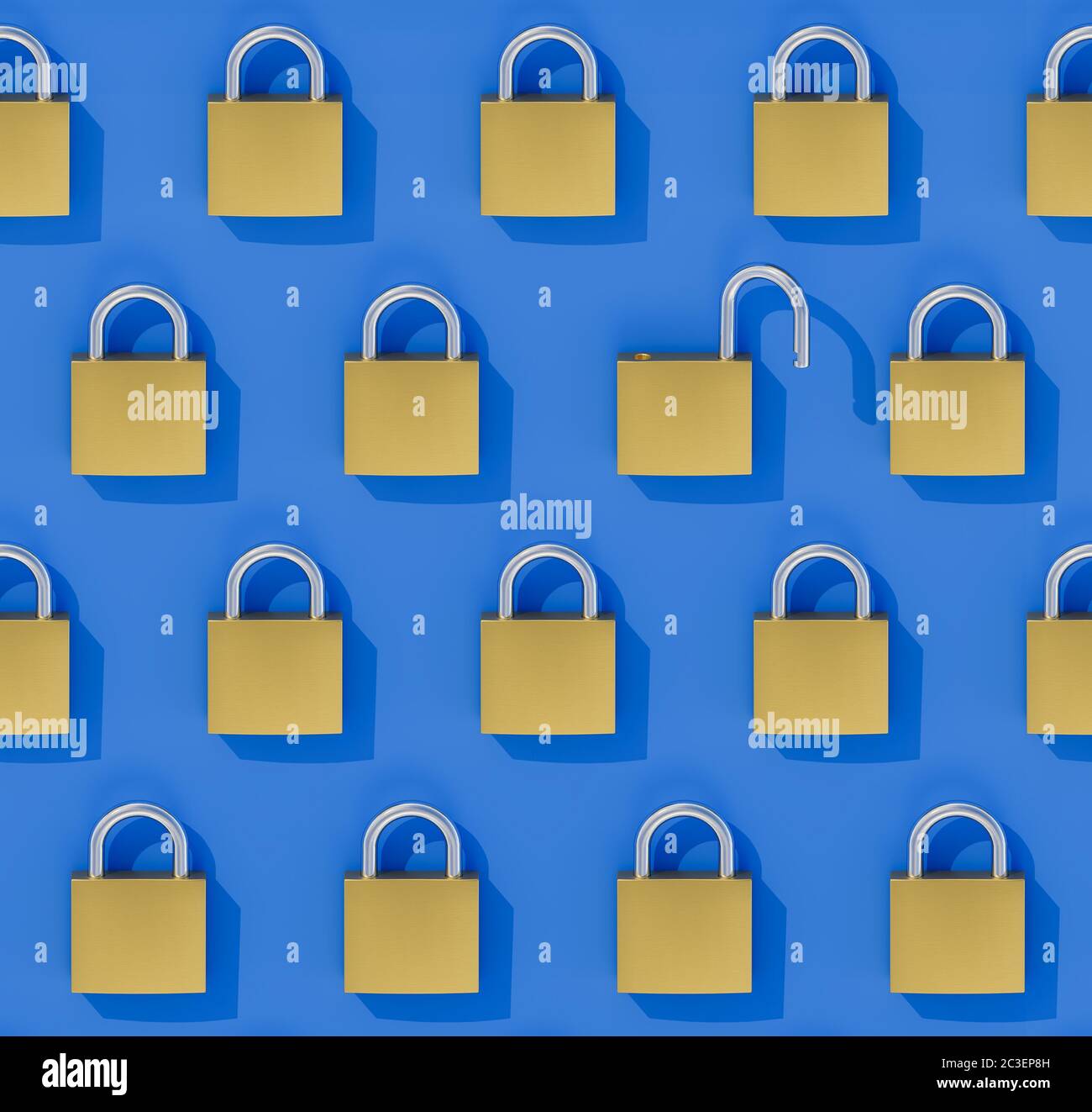Concept Data Security Breach: A seamlessly tileable image of an array of closed padlocks with one wide open padlock. See the other images for combinat Stock Photo