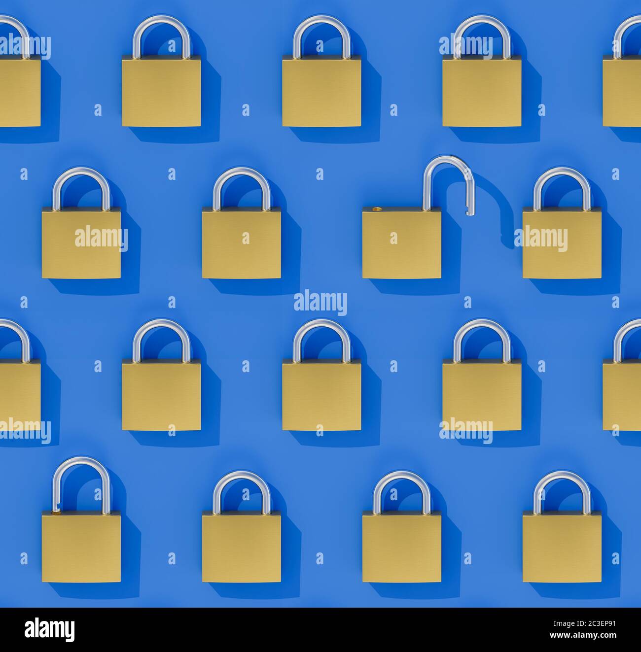 Concept Data Security Breach: A seamlessly tileable image of an array of closed padlocks with one wide open padlock and one hidden slightly open padlo Stock Photo