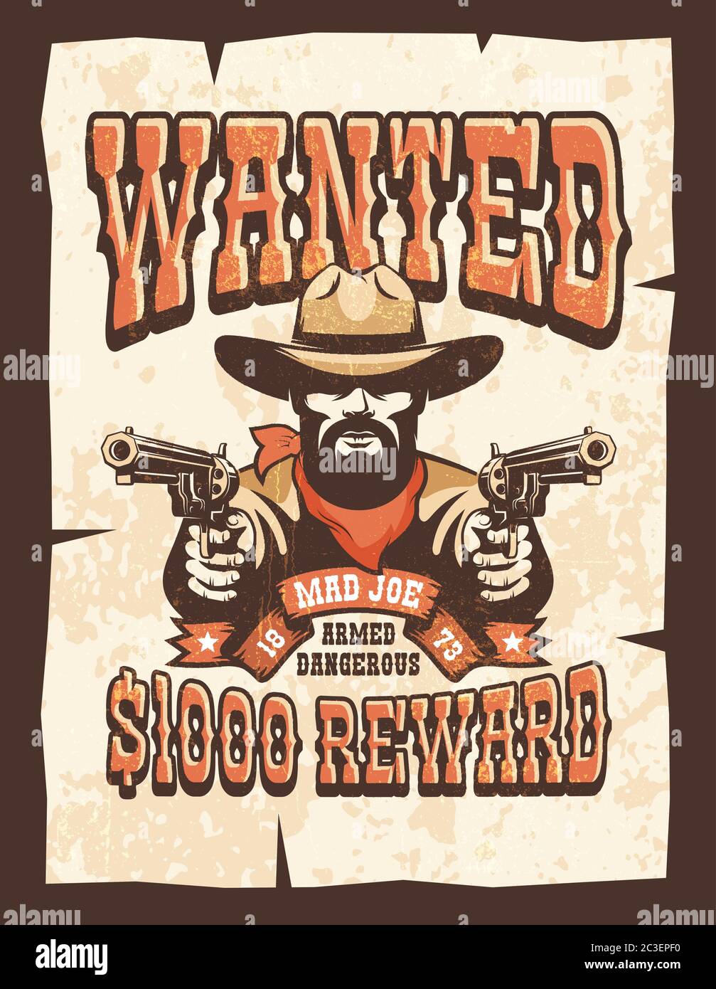 Wanted Bearded cowboy with guns vintage poster Stock Vector