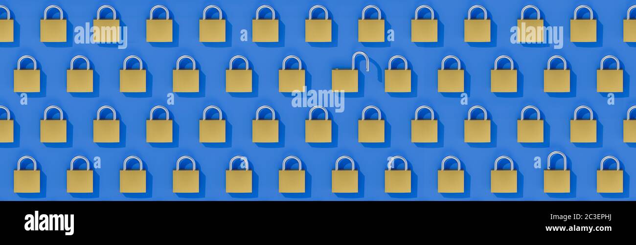 Concept Data Security Breach: A seamlessly tileable banner style image of an array of closed padlocks with one wide open and one hidden slightly open Stock Photo