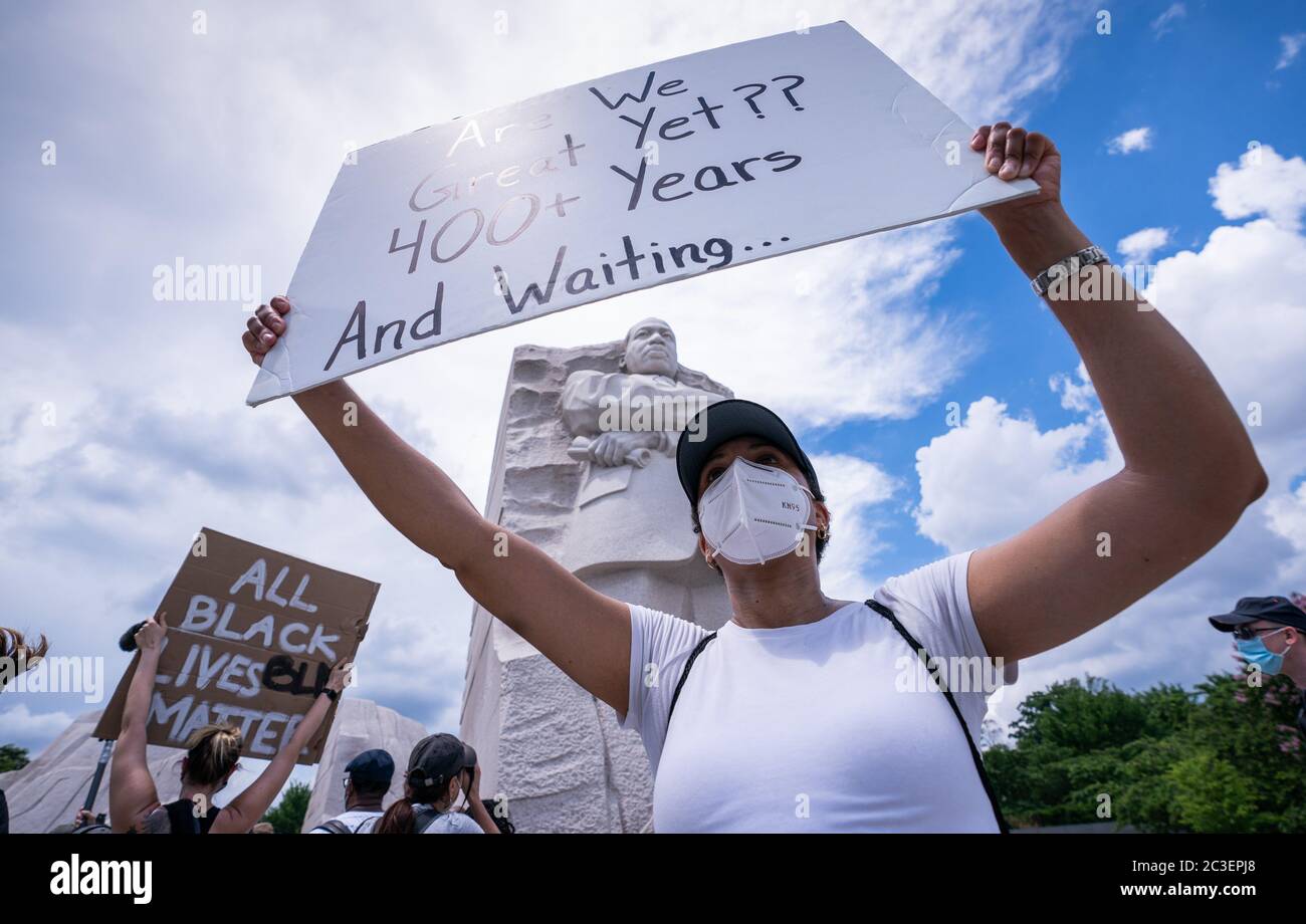 Washington, United States. 19th June, 2020. Demonstrators take part in a Juneteenth rally at the Martin Luther King Jr. Memorial on Friday, June 19, 2020 in Washington, DC. Juneteenth, July 19th, marks the date of the end of slavery in the United States. Photo by Kevin Dietsch/UPI Credit: UPI/Alamy Live News Stock Photo