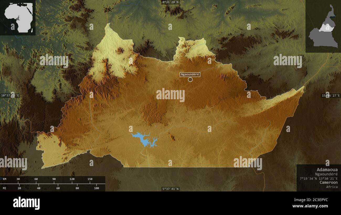 Adamaoua Region Of Cameroon Colored Relief With Lakes And Rivers Adamaoua Region Of Cameroon Colored Relief With Lakes And Rivers Shape Presented Against Its Country Area With Informative Overlays 3d Rendering 2C3EPYC