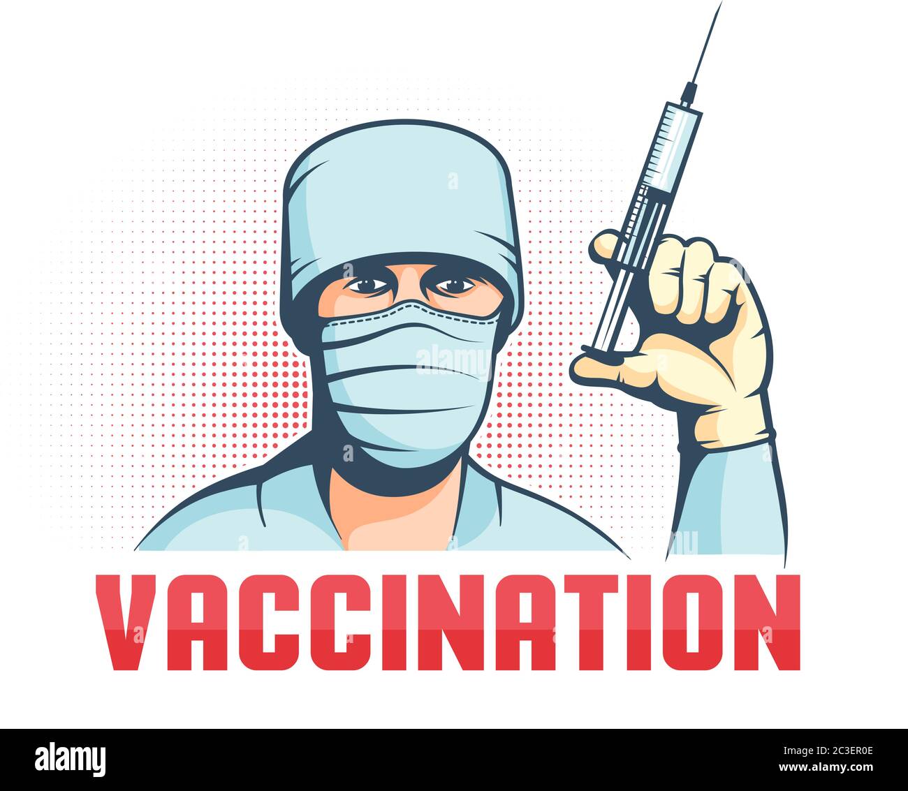 Doctor in mask with syringe in hand - retro vaccination poster Stock Vector