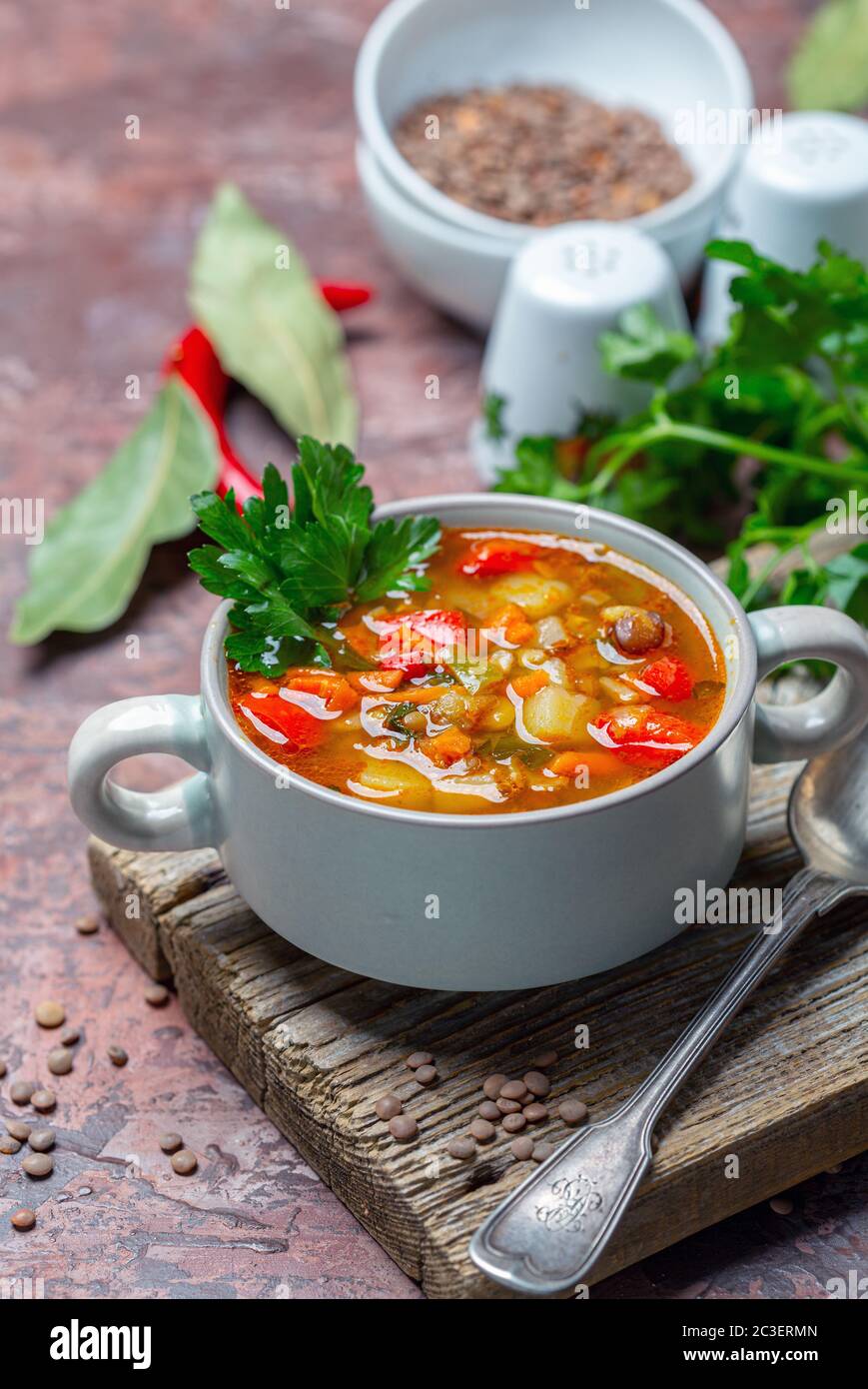 Lentil and pea soup with vegetables. Stock Photo