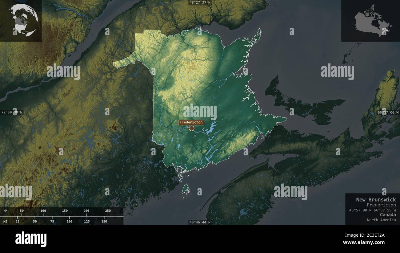 Nb Rivers New Brunswick, province of Canada. Colored relief with lakes and rivers ...