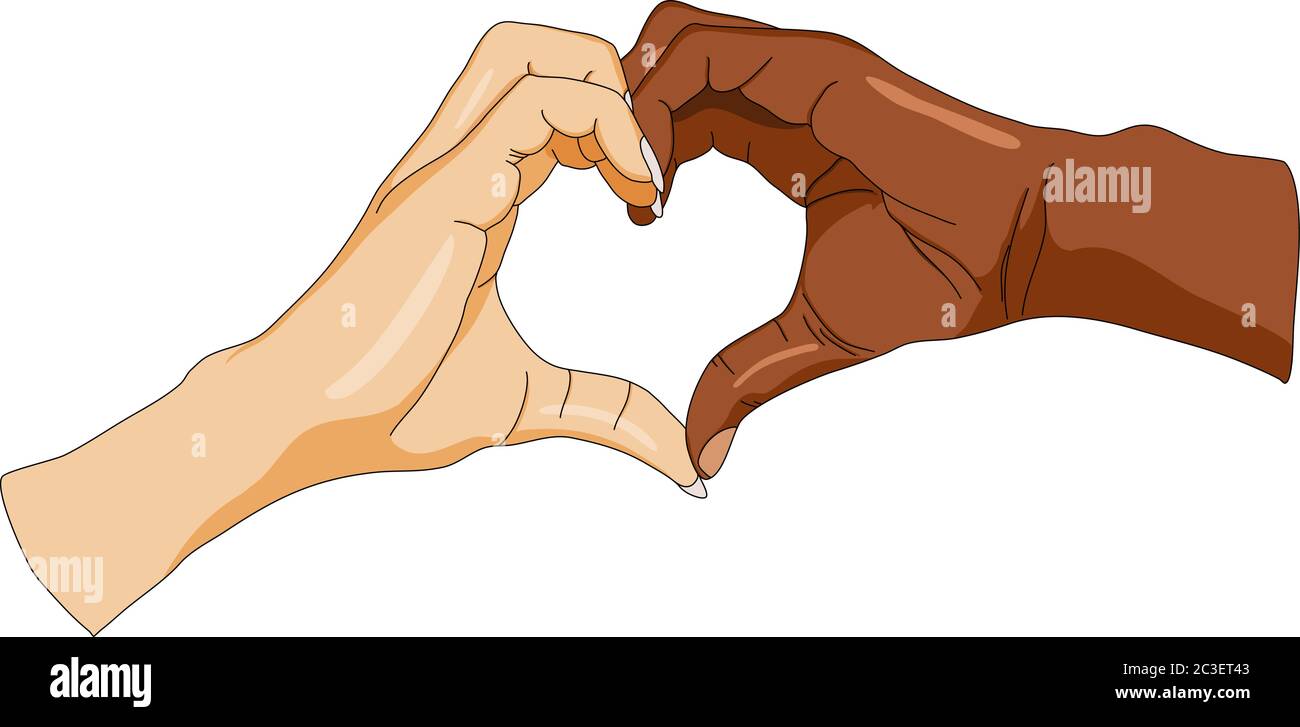 An illustration depicting two hands of different skin colors forming a heart Stock Vector
