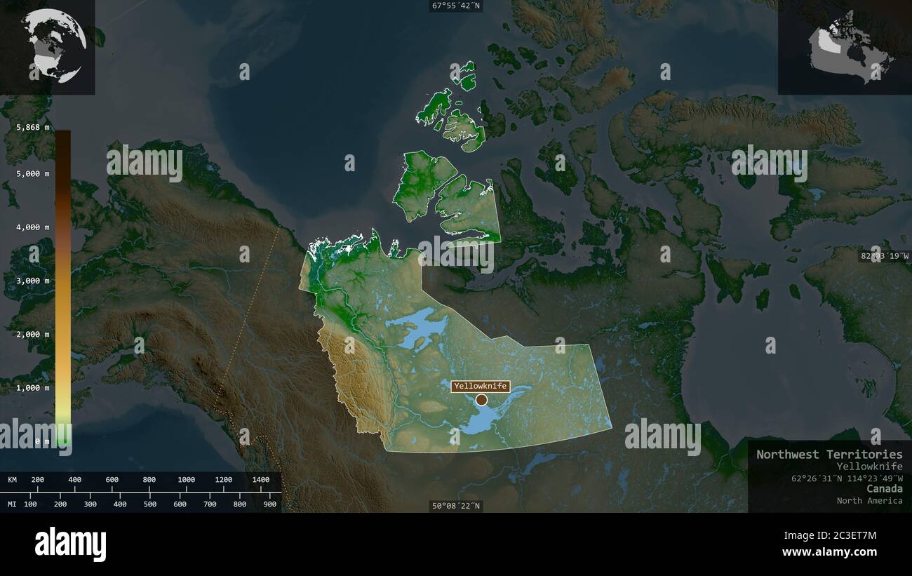 Physical Map Of Northwest Territories Hi Res Stock Photography And   Northwest Territories Territory Of Canada Colored Shader Data With Lakes And Rivers Shape Presented Against Its Country Area With Informative Overl 2C3ET7M 