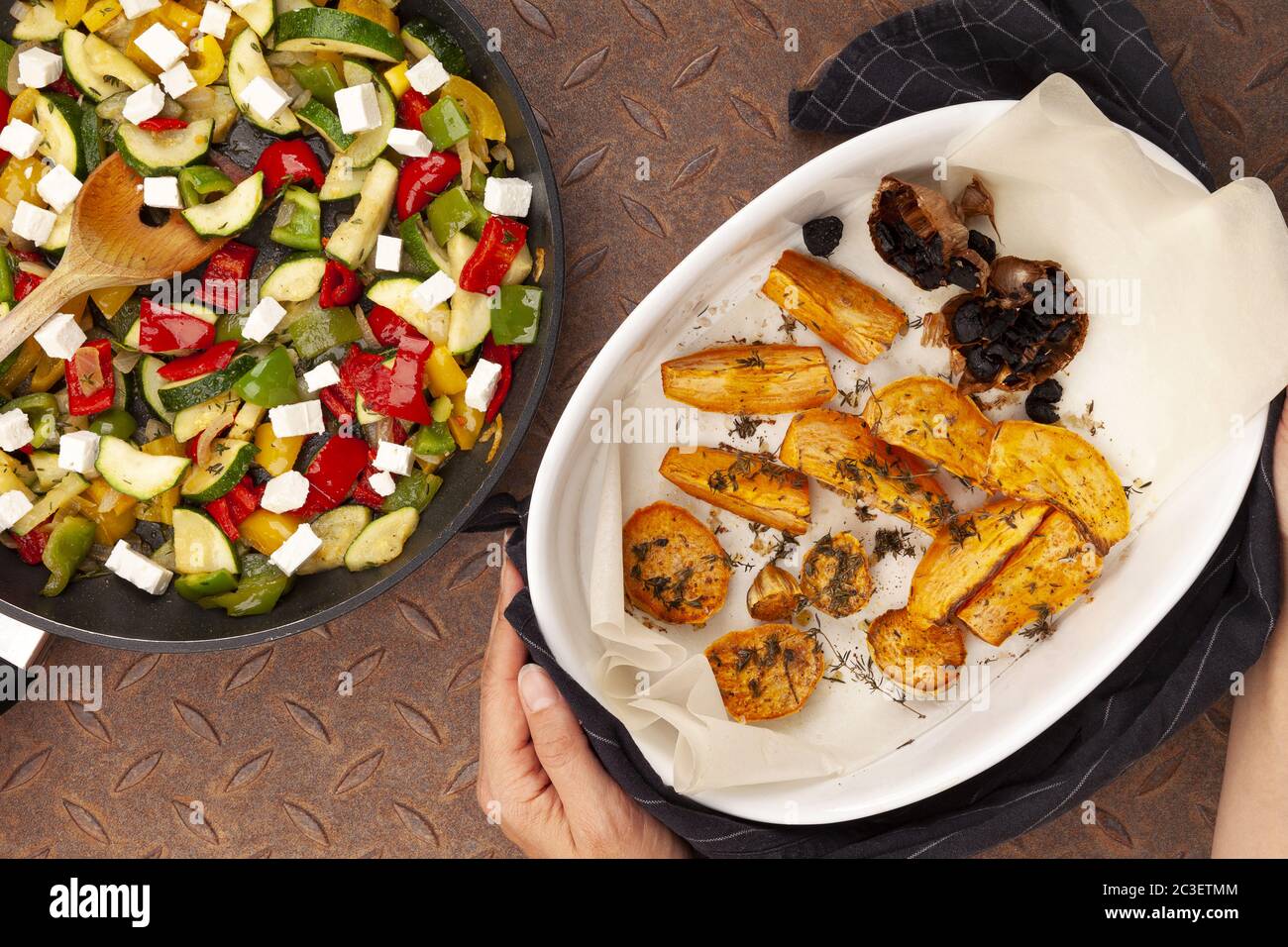Barbecue mix vegetables with baked sweet potatoes. Stock Photo