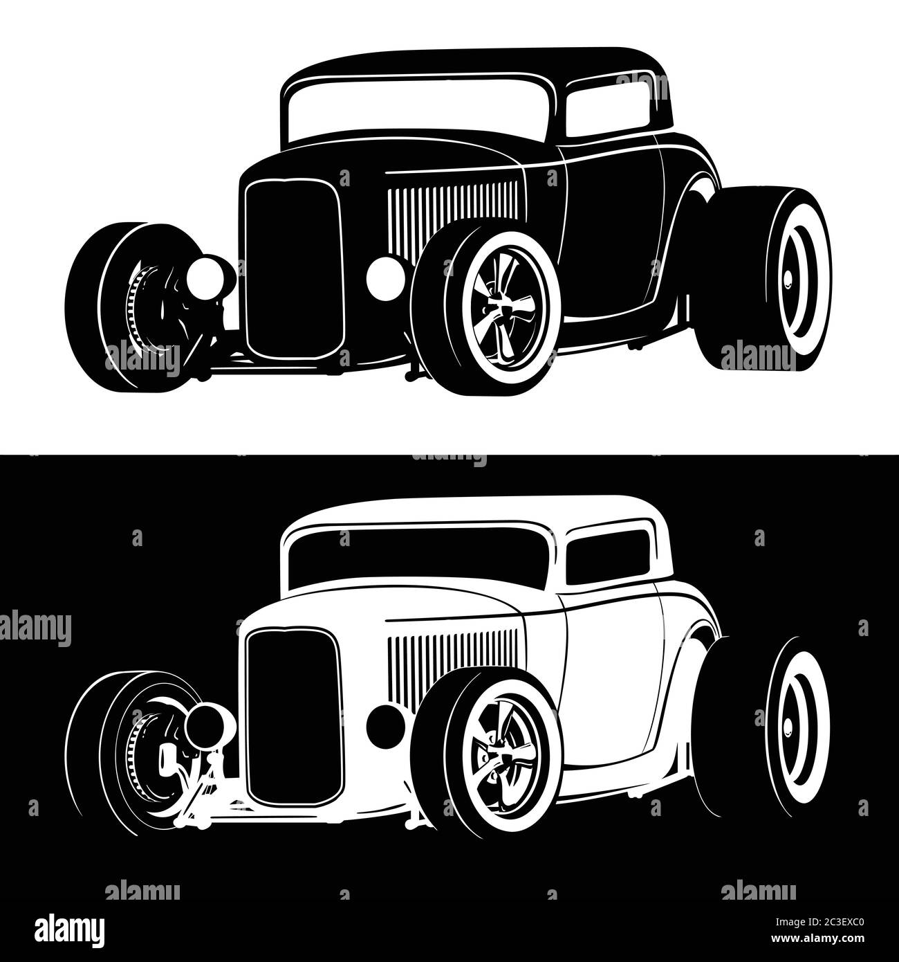 Classic American Hot Rod car isolated vector illustration in both black on white and white on black versions Stock Vector