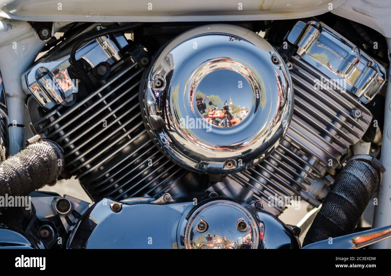 chromed chopper motorcycle engine closeup Stock Photo