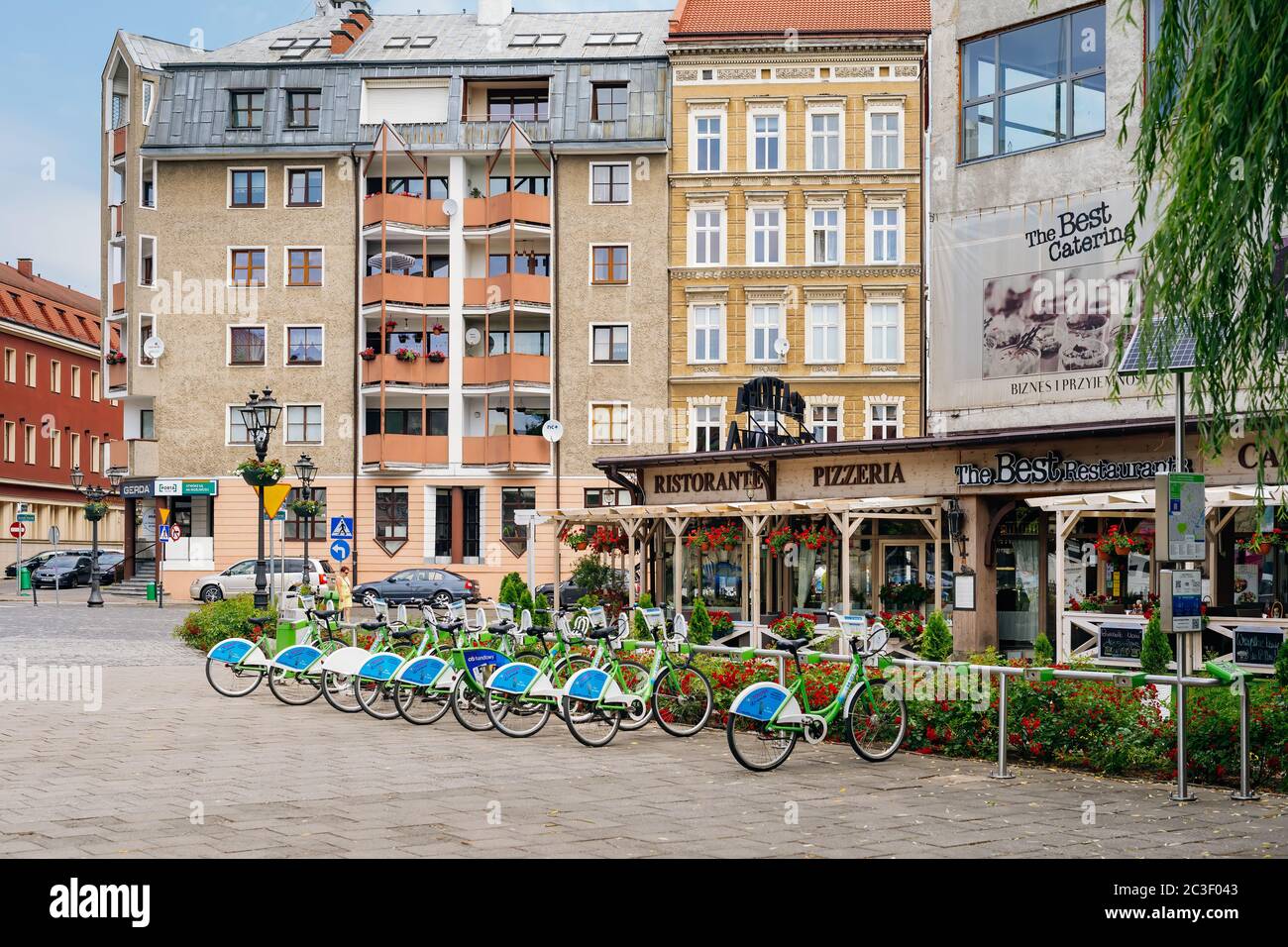 Restaurants and shops on Orla Bialego square in old town section of Stettin Stock Photo