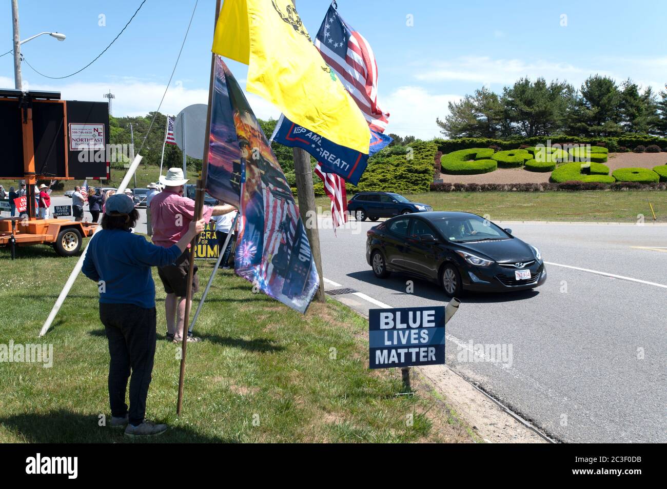 A re-elect Donald Trump rally on Cape Cod at the Bourne Rotary in Bourne, Massachusetts, USA Stock Photo