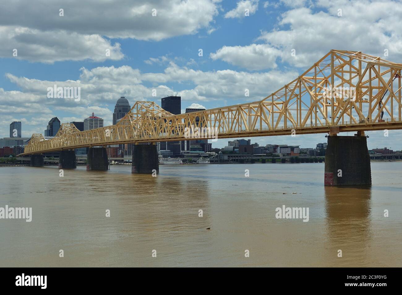 LOUISVILLE, KY -30 MAY 2020- View of the George Rogers Clark Memorial Bridge, (Second Street Bridge) over the Ohio River and the Louisville, Kentucky Stock Photo