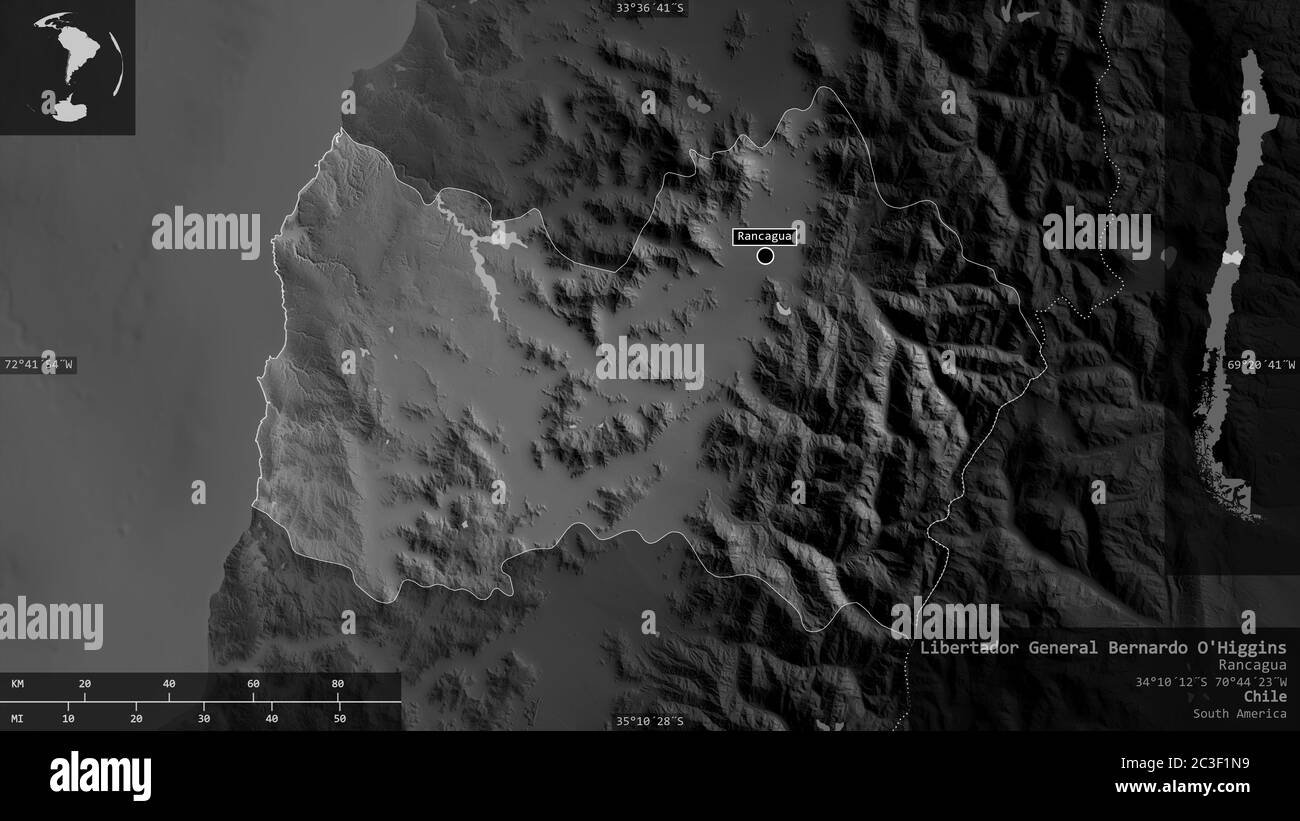 Libertador General Bernardo O'Higgins, region of Chile. Grayscaled map with lakes and rivers. Shape presented against its country area with informativ Stock Photo